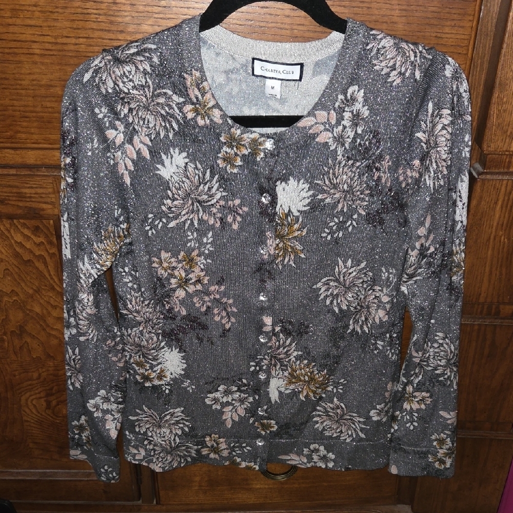 Charter Club Dark Gray Floral Cardigan